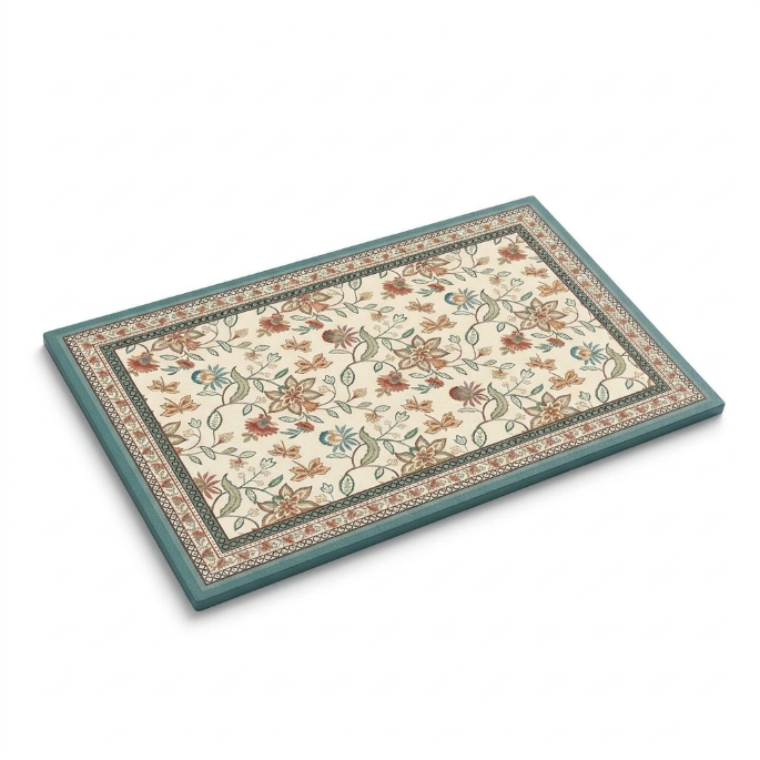 A rectangular provincial botanical placemat with a floral pattern, featuring a teal border and cream center. Provincial botanical placemat. teal border and cream centre placemat. oil proof and water proof and heat resistant. 35cm*40cm dimension , 1.7mm thickness